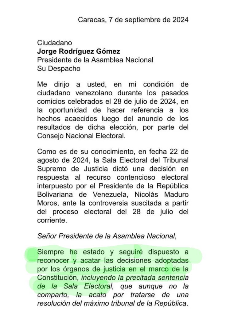 SonPolemicas's tweet photo. Edmundo González reconoció públicamente su derrota el 7 de Septiembre de 2024, en carta que entregó ante Diplomaticos extranjeros al Pdte de la Asamblea Nacional.
En esa carta dijo que acataría la decisión de la Sala Electoral, que revisó las 33.026 actas y ratificó a Maduro.
Fin https://t.co/7KMdei6qjP