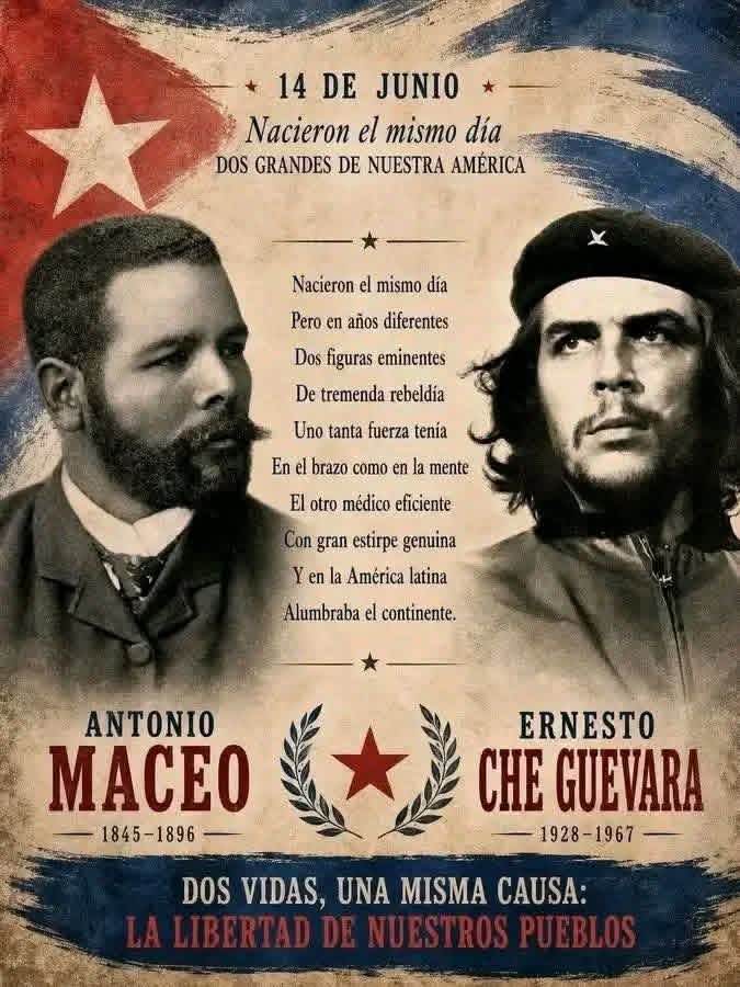 OSU_UCf's tweet photo. #HoyEnLaHistoria || Hoy, 14 de junio, convergen en la historia dos nacimientos que iluminan el camino de la dignidad y la rebeldía: el de Antonio Maceo, el Titán de Bronce, y el de Ernesto Che Guevara, el guerrillero de mirada profunda. Dos gigantes, distintas épocas.

#UCf https://t.co/yH9gW7gkDq