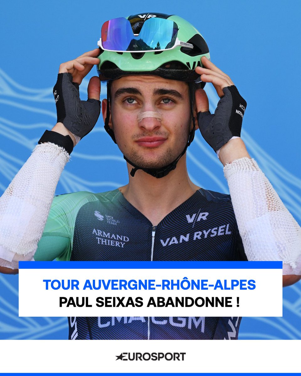 Eurosport_FR's tweet photo. ❌  Paul Seixas ne terminera pas le Tour Auvergne-Rhône-Alpes ! Au lendemain de sa chute, le Français de 19 ans est reparti pour la 8e étape mais a jeté l'éponge après 30 kilomètres https://t.co/EJ02j8SWne