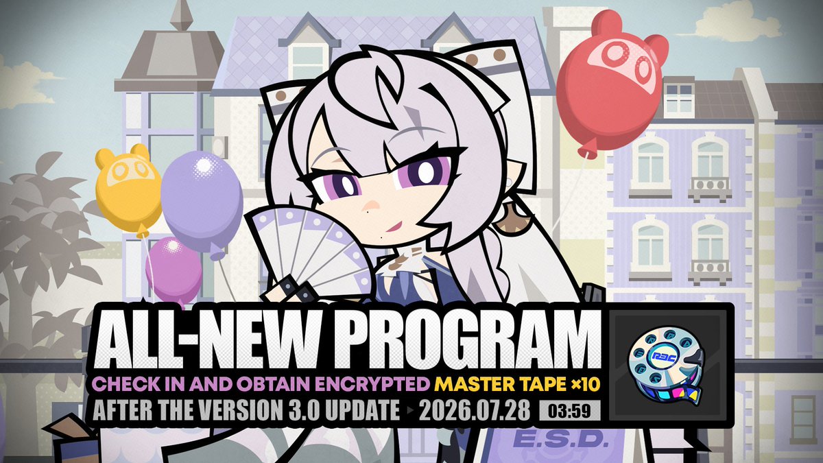 ZZZ_EN's tweet photo. "All-New Program" Event Details

Event Duration
After the Version 3.0 update – 2026/07/28 03:59 (server time)

Requirements
Reach Inter-Knot Lv. 5, and unlock the Event feature in the Main Story Prologue "The Hare and the Proxy"

Event Details
• During the "All-New Program" event, log in for 7 days total to obtain Encrypted Master Tape ×10!
• After all rewards are claimed, the event page will be closed at 04:00 on the following day (server time).

#zzzero #zenlesszonezero