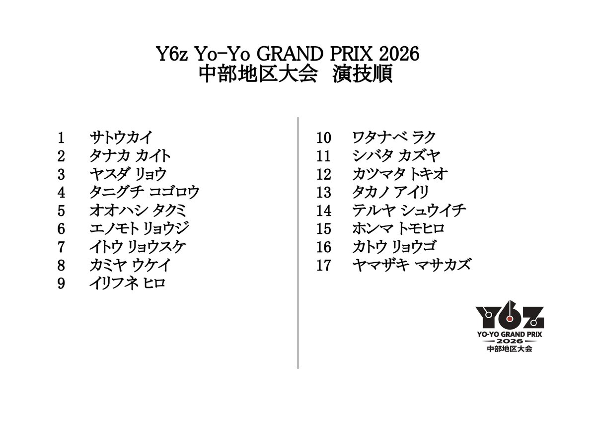 Y6zYoYoGP's tweet photo. 【中部地区大会】

Y6z YO-YO GRAND PRIX 2026 中部地区大会の演技順を公開いたします！

なお、現在スケジュールの最終調整を行っております。
確定版の公開は最速で火曜日を予定しております。

開場時間は【13時45分】を予定しております。

大会当日まで今しばらくお待ちください！

#YYGP2026 https://t.co/zkeTw1yQqn