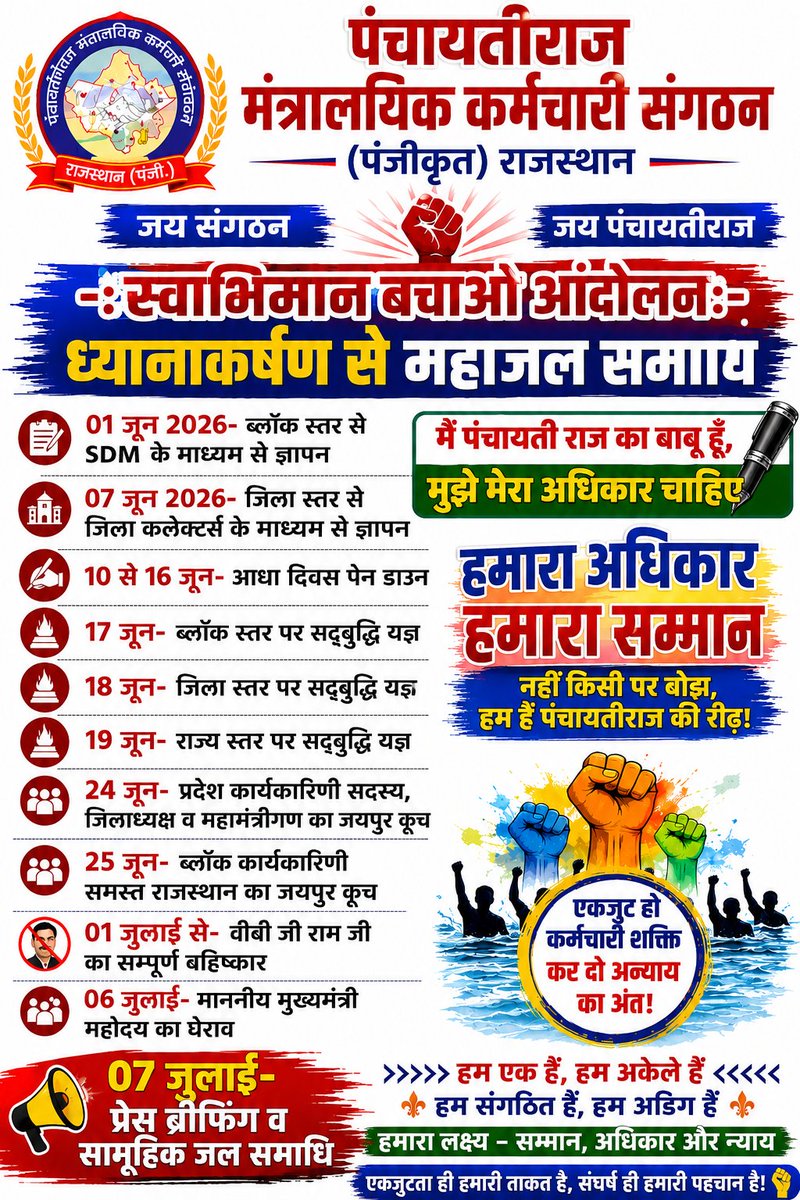 BarodNihal49372's tweet photo. पंचायती राज मंत्रालयिक कर्मचारी संगठन (पंजी.) राजस्थान की न्यायोचित मांगे पूर्ण करो अन्यथा महा जलसमाधि होगी।
#स्वाभिमान_बचाओ_आंदोलन
@PMOIndia  @RajCMO @BhajanlalBjp @madandilawar @otaramjidewasi @DrKirodilalBJP
@1stIndiaNews @News18Rajasthan @NDTV_Rajasthan @zeerajasthan_ https://t.co/vAge0W2wYY
