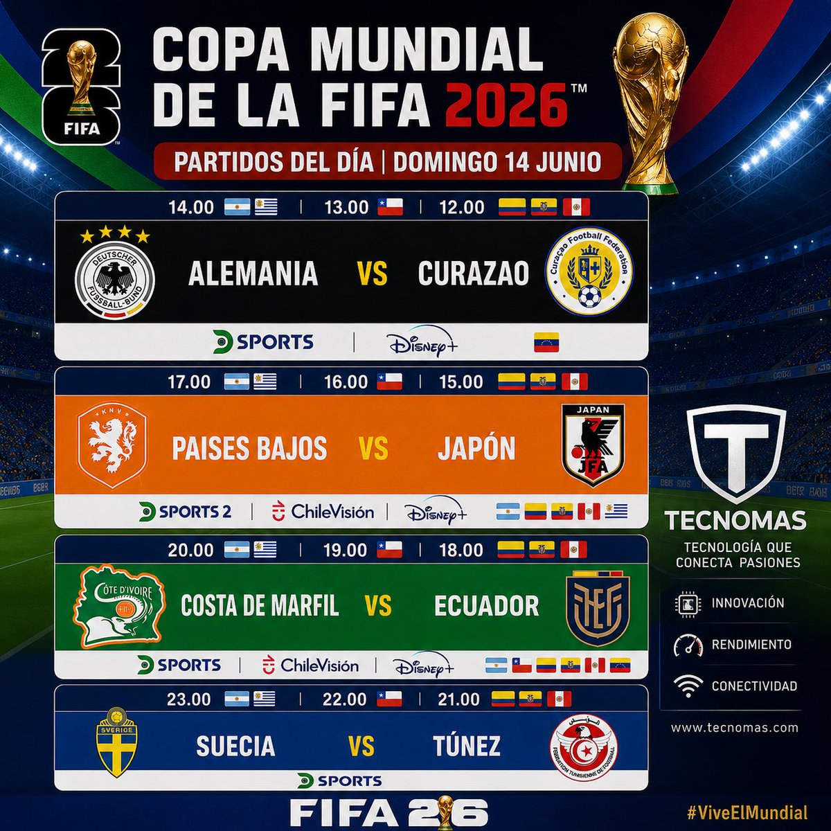_TecnoMAS's tweet photo. 🔥⚽ ¡DOMINGO DE MUNDIAL EN TECNOMAS! ⚽🔥

La Copa Mundial FIFA 2026 sigue entregando emociones y este 14 de junio tendremos una jornada imperdible con cuatro grandes encuentros.

🇩🇪 Alemania 🆚 Curazao 🇨🇼
🇳🇱 Países Bajos 🆚 Japón 🇯🇵
🇨🇮 Costa de Marfil 🆚 Ecuador 🇪🇨
🇸🇪 Suecia 🆚 Túnez 🇹🇳

📺 Revisa los horarios y señales disponibles en nuestro afiche oficial.

🌎 Vive cada partido con la mejor cobertura deportiva.
🚀 Calidad, estabilidad y la pasión del deporte en un solo lugar.

🔥 ÚLTIMAS MEMBRESÍAS MUNDIALERAS DISPONIBLES
⚡ Acceso a deportes, entretenimiento y mucho más.
📩 Consulta por tu activación hoy mismo.

#Mundial2026 #FIFAWorldCup2026 #FIFA2026 #Alemania #PaisesBajos #Japon #Ecuador #Suecia #Tunnez #CostaDeMarfil #Futbol #WorldCup #TECNOMAS #StreamingDeportivo #ViveElMundial #QatarNo #USA2026 #Mexico2026 #Canada2026 #DeportesEnVivo ⚽🏆🔥