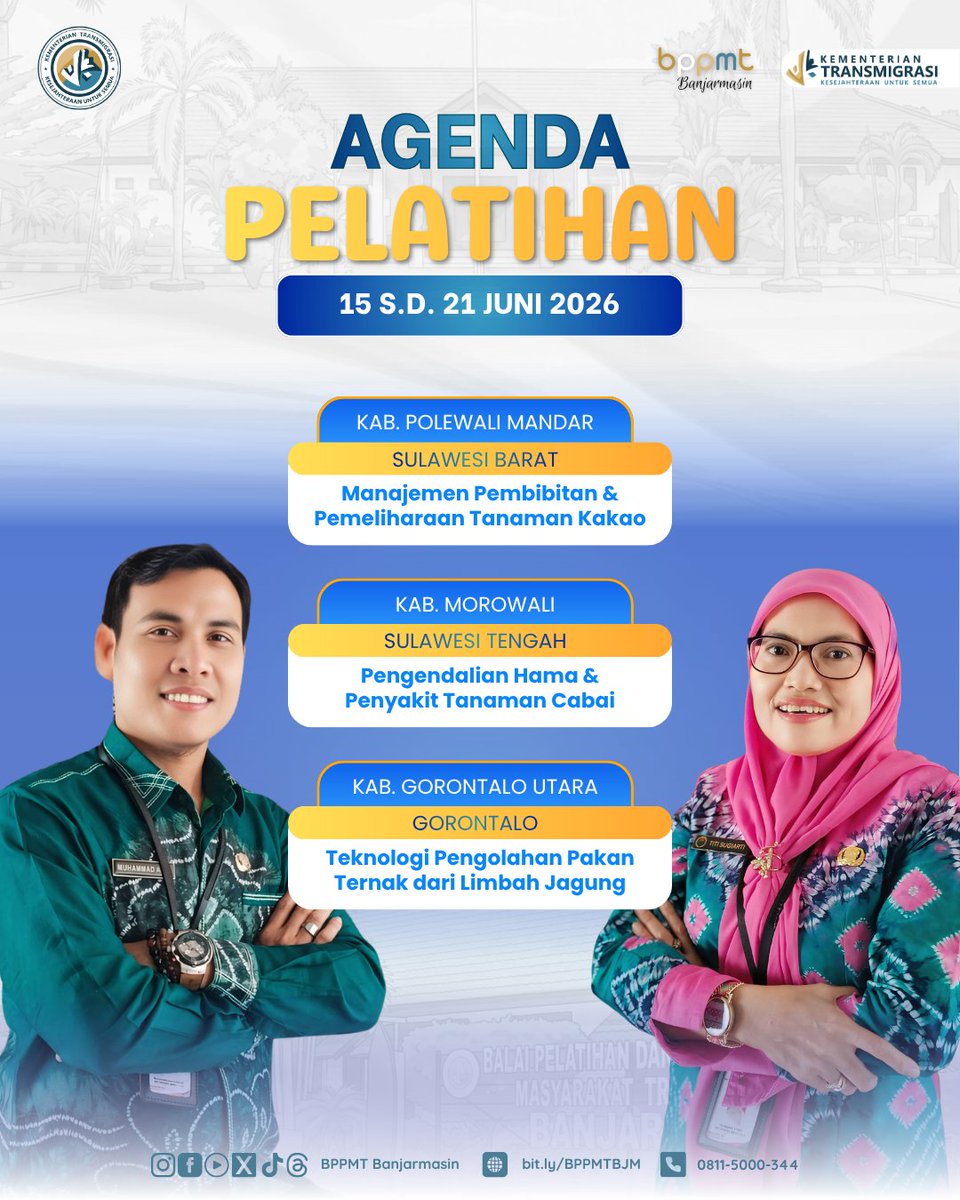 BppmtBjm's tweet photo. Halo #SobatBalai

Balai Banjarmasin kembali memulai agenda kegiatan pelatihan Tahun 2026 pada tanggal 15 s.d. 21 Juni 2026 di tiga Kawasan Transmigrasi, yaitu
*Kabupaten Polewali Mandar (Sulawesi Barat)
*Kabupaten Morowali (Sulawesi Tengah)
*Kabupaten Gorontalo (Gorontalo) https://t.co/GYpFMldEF6