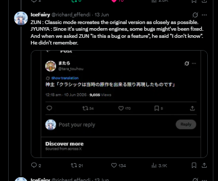 richard_effendi's tweet photo. "Is this a bug or a feature?"
ZUN : Lol, I don't know!
"Was there extra detail on the art?
ZUN : Lol, I don't know!
"How did you make the enemy marker?
ZUN : Lol, I don't know!
ZUN : What were the notes for this song again?
ZUN : Lol, I don't know! https://t.co/7tY5GZyoTK