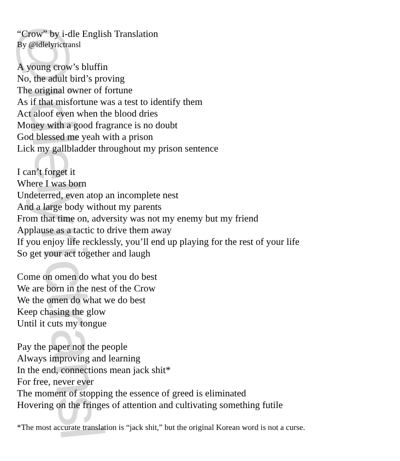 idlelyrictransl's tweet photo. A translation of #Crow by #idle https://t.co/mvQK1PEJ4W