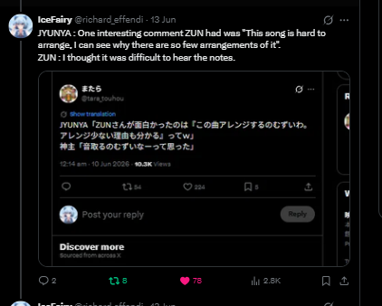 richard_effendi's tweet photo. "Is this a bug or a feature?"
ZUN : Lol, I don't know!
"Was there extra detail on the art?
ZUN : Lol, I don't know!
"How did you make the enemy marker?
ZUN : Lol, I don't know!
ZUN : What were the notes for this song again?
ZUN : Lol, I don't know! https://t.co/7tY5GZyoTK
