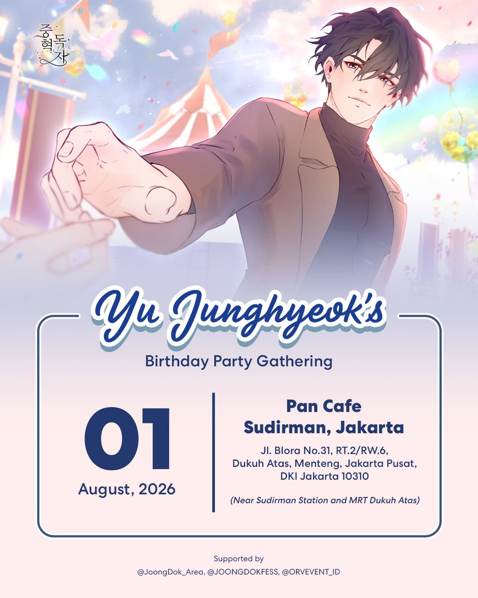 JoongDok_Area's tweet photo. [INVITATION] — 초대

Yu Junghyeok's Birthday Party Gathering @ JKT

Welcome to the Carnival!

Let's celebrate our beloved Protagonist's early birthday on 1st August 2026 with special gifts, sweet treats, and wonderful memories.

🔗 RSVP: https://t.co/DZ1BGgBx72

#HAPPYYJHDAY2026 https://t.co/SqesXb7VbM