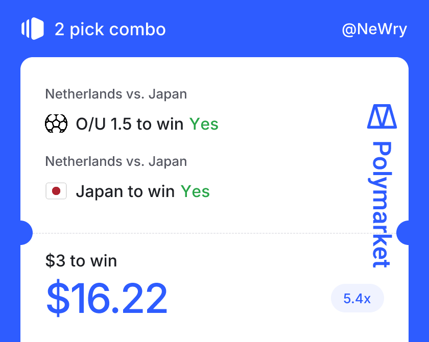 NeWry24's tweet photo. Made my first-ever trade on @Polymarket  and went straight for a combo.

Today I placed my first bet on Polymarket ever and of course I couldn’t resist stacking multiple picks.
For the World Cup 2026 Japan match, I went with:
🔹 Over 1.5 goals  
🔹 Japan to win

If this hits, I’m taking it as a sign from the universe that I’m on the right path.

Crypto, sports, and a bit of luck - perfect mix. 
What do you think?