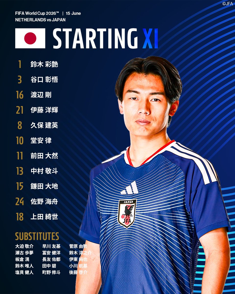 J_League's tweet photo. 𝑺𝑻𝑨𝑹𝑻𝑰𝑵𝑮 𝑿𝑰🇯🇵

🏆 FIFAワールドカップ2026
🆚 オランダ代表 vs 日本代表
📅 6/15(月) 5:00KO
🏟 ダラススタジアム
📺 DAZN / NHK総合

#サッカー日本代表
#Ｊリーグ https://t.co/CTsSYSo62j