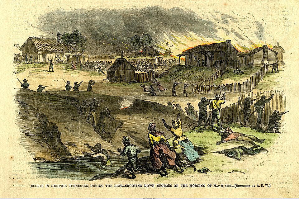 DirectorTevin's tweet photo. The Memphis massacre of 1866[1]was a rebellion with a series of violent events that occurred from May 1 to 3, 1866, in Memphis, Tennessee. The racial violence was ignited by political and social racism following the American Civil War, in the early stages of Reconstruction.[2] After a shooting altercation between white policemen and black veterans recently mustered out of the Union Army, mobs of white residents and policemen rampaged through black neighborhoods and the houses of freedmen, attacking and killing black soldiers and civilians and committing many acts of robbery and arson.