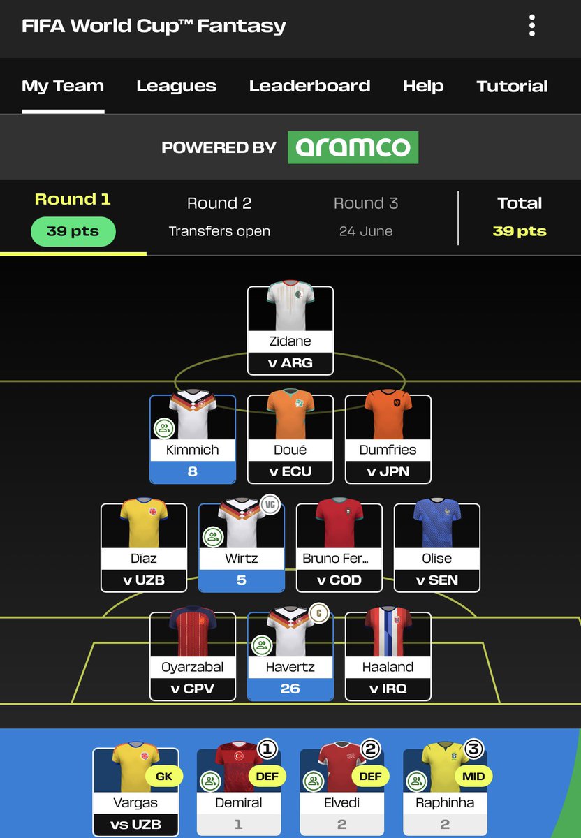 FPLvert's tweet photo. forgot to tweet that i changed my captain 😅 don’t think i’ll take the armband off him now 

but king kai havertz came thru with 2 goals ⚽️⚽️
in fact all my assets from germany 🇩🇪 returned as kimmich and wirtz provided  an assist each 🅰️🅰️

#wcfantasy #worldcupfantasy https://t.co/UcjBAF2vgy