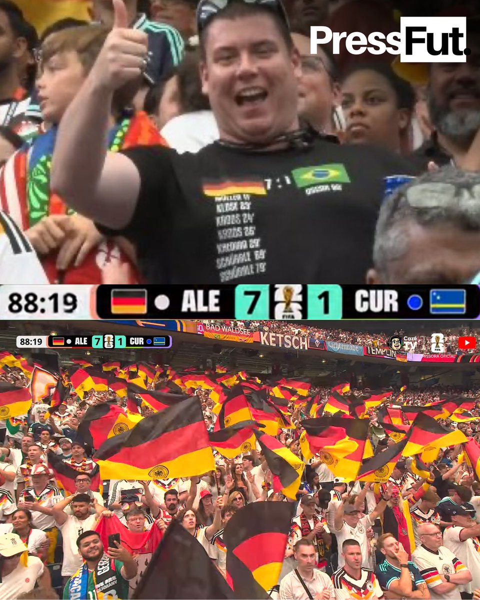 pressfut's tweet photo. E lá vem eles de novo... 🇩🇪😬

Com mais uma vitória por 7 a 1 em Copa do Mundo, a Alemanha ultrapassou a Seleção Brasileira como a seleção com mais gols em copas!

#PressFut #Alemanha #Brasil #CopaDoMundo #Curaçao https://t.co/n0AwMGTmRo