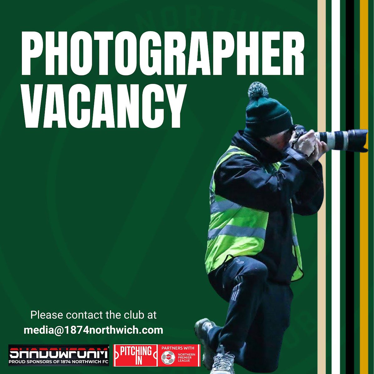 1874Northwich's tweet photo. 1874 Northwich are looking to recruit a voluntary club photographer 📸

Please contact the club at society@1874northwich.com or media@1874northwich.com if you are interested in this position 🤝

Click below to read more 👇

🔗 https://t.co/cMasUAKufI https://t.co/76Kj6h76C3