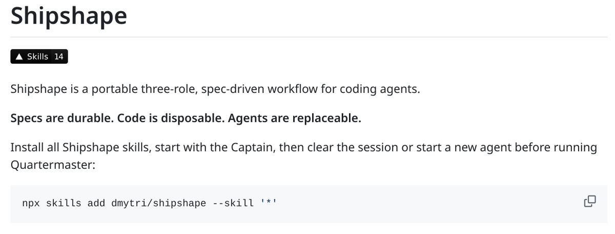 dmytri's tweet photo. Ahoy, #SlopPunk, put this in your pi: https://t.co/lTEX4j5zw7

The simplest/stupidest/most portable spec-driven workflow with context isolation for any agent.

This is still *very new* and *very stupid*, so ymmv.

> Specs are durable. Code is disposable. Agents are replaceable. https://t.co/2lpbv2Sz1t