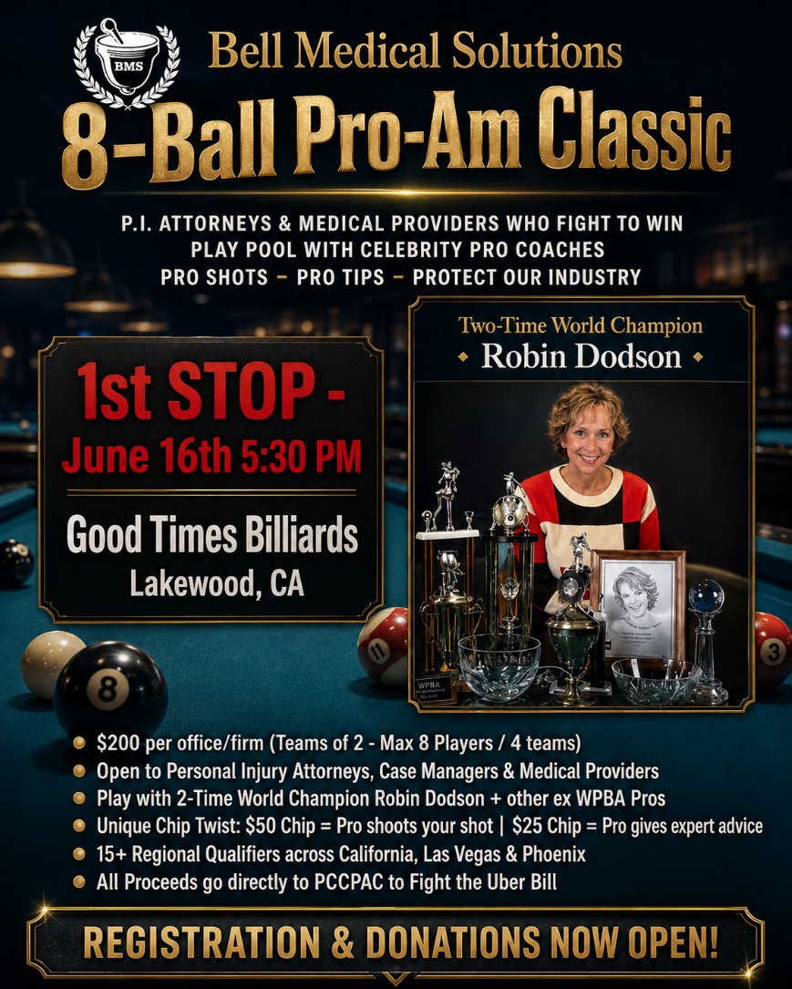 BELLMEDSOLUTION's tweet photo. Bell Medical Solutions 8-Ball Pro-Am Classic is coming to Lakewood! 🎱

Join P.I. attorneys, case managers &amp; medical providers for a night of pool with celebrity pro coaches, featuring 2-Time World Champion Robin Dodson.

Registration &amp; donations are now open. https://t.co/f4T5WvB1NH