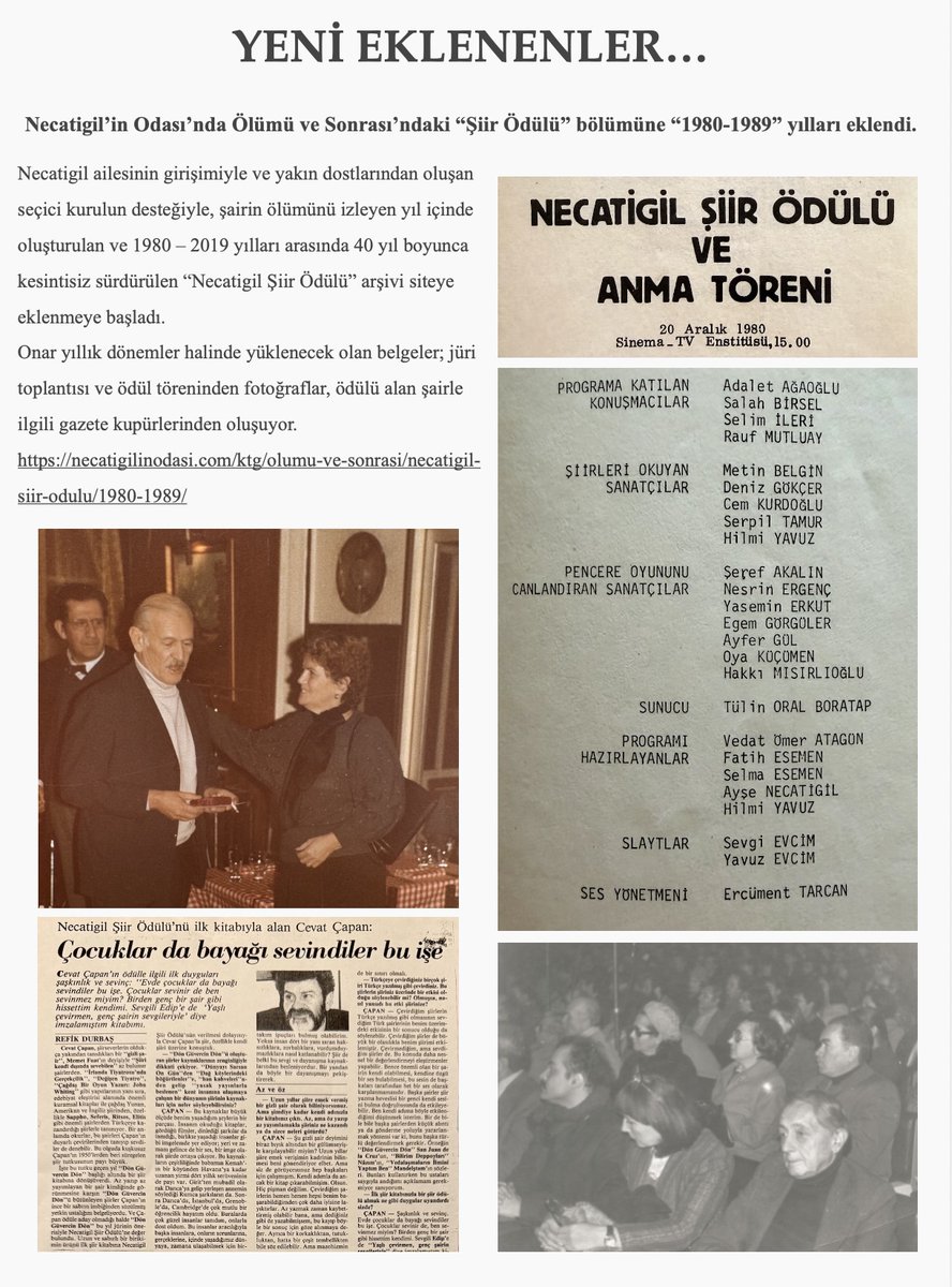 Necatigil_Arsiv's tweet photo. Necatigil Şiir Ödülü arşivinin 1980-1989 yıllarından örnekler, Necatigil'in Odası sitesine yüklendi.
Şairin ölümünün hemen ardından ailesi tarafından oluşturulan ve 2019 yılına dek 40 yıl boyunca sürdürülen ödülün arşivi, önümüzdeki aylarda 10'ar yıllık dönemlerle siteye eklenecek.
İlgili sayfaya ulaşmak için: https://t.co/cMbB9RQ3Xb

#necatigilinodası #necatigilşiirödülü #ilhanberk
#ahmeterhan #turgutuyar #refikdurbaş  #oktayrifat 
#tuğrultanyol #cevatçapan #ahmetoktay
#cemalsüreya