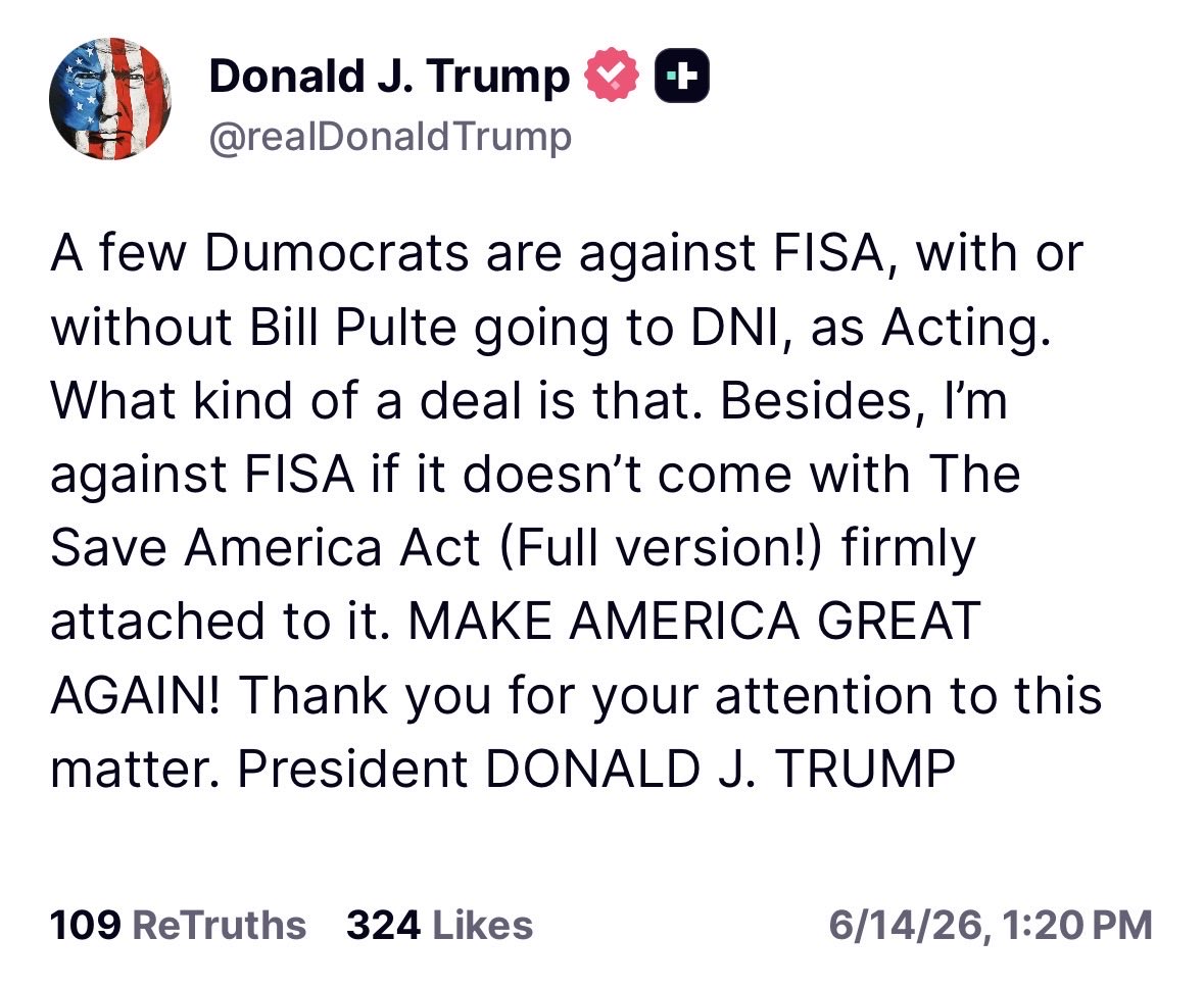BreannaMorello's tweet photo. 🚨JUST POSTED🚨

President Donald Trump says he against renewing FISA if the Save America Act isn’t attached to it. https://t.co/CYh3s3eTnJ