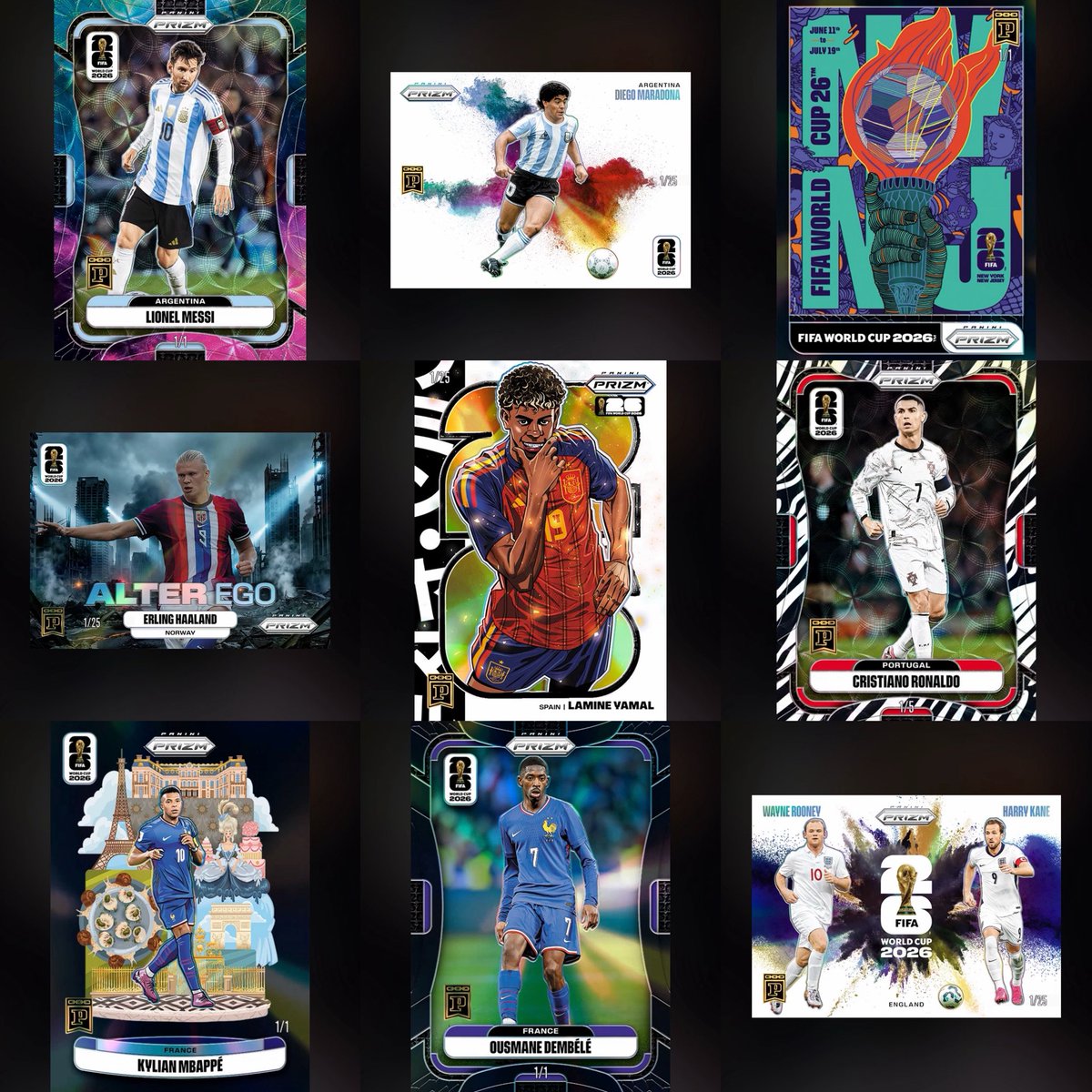 spinotron's tweet photo. 🚨 Free alpha for #PaniniBlockchain Prizm World Cup. Read in full.

Pack cost: FOTL $150 x13960 +hobby $25 x50480 =$3.356M.

- Let prizm gold have unit 1
- black + nebula 6x (via my 10^(1/2) x2 formula)
- Let’s say zebra /5 at 0.5
- Old glory /7 at 0.5
- Maple Leaf /9 +Aguila /11 each 0.25
- Landmarks 1/1 at 1.

Adding up, 10+6+6+0.5x5 +0.5 x7 +0.25 x(9+11)+1=34.

3356k/34=$98.7k.

So as long as a Prizm Gold copy each of Messi + Yamal + Ronaldo + Mbappe + Haaland exceeds $100k, the above cards for those 5 guys alone will exceed the product revenue.

I think they will easily exceed that.

There are 
- many great players (checklist of 499 guys in the base set)
- other cards (base parallels, inserts)
- other value creation mechanism such as rainbow challenges, animal + floral pack crafting which elevates other cards’ value without them needing to be intrinsically value.

Moreover,
- great world cup moments can increase value sharply
- record can set chain reaction
- more new hobbyists add more demand.

So this product is hugely ev+, great timing and highly anticipated.

Secondary for both FOTL and hobby packs will be insane.

What is your strategy to tackle this product? Comment below. Feel free not to say. LOL.

#whodoyoucollect #PaniniBC #PBC #sportscard #PFP #NFT #digitalart #digitalasset @PaniniAmerica @kortpeters
