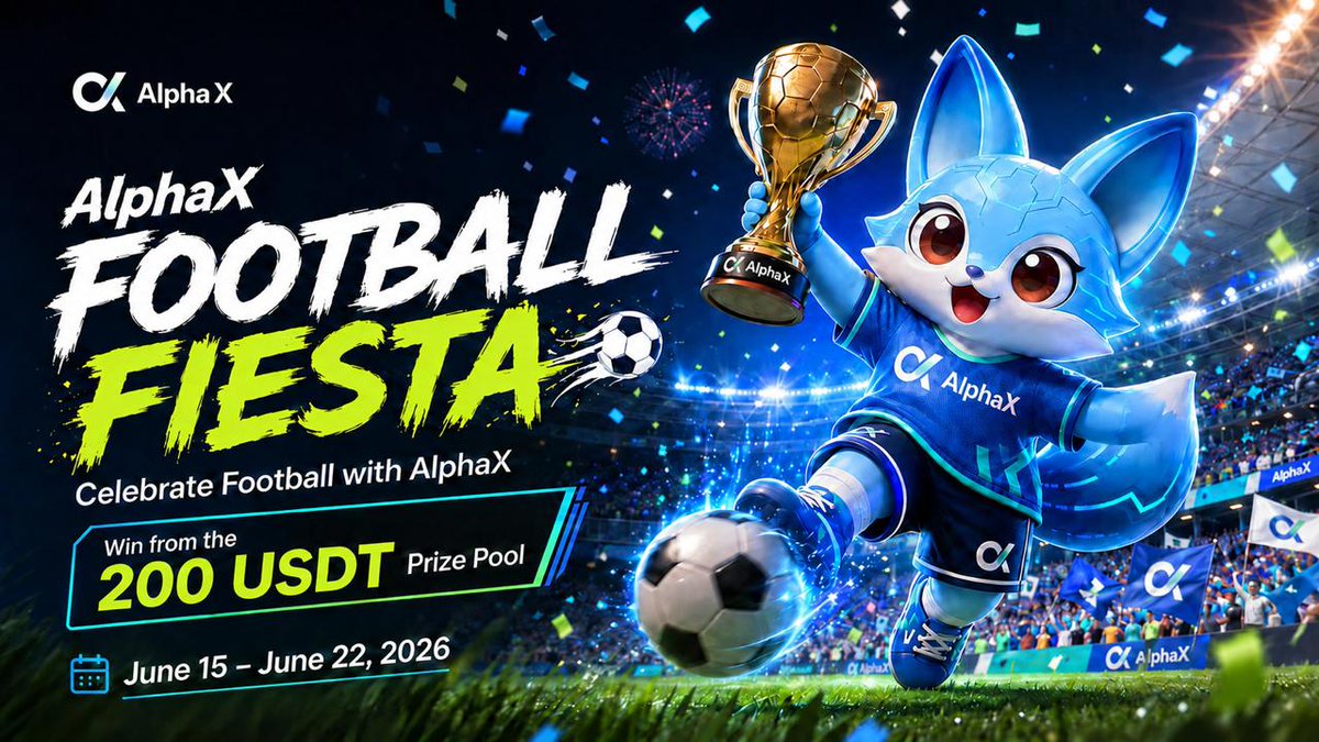 AlphaX_Quant's tweet photo. AlphaX Football Fiesta is here! ⚽️

Celebrate the World Cup season with AlphaX and share in the 200 USDT prize pool.

Campaign Period:
June 15 — June 22, 2026

Rewards:
🏆 1st Prize: 60 USDT × 1 Winner
🥈 2nd Prize: 20 USDT × 3 Winners
🎁 Lucky Prize: 10 USDT × 5 Winners
⚡ Community Prize: 5 USDT × 6 Winners

How to join:
✅ Follow @AlphaX_Quant
✅ Like & Repost this tweet
✅ Comment your favorite team
✅ Tag 2 friends
✅ Join our Telegram Channel: @AlphaX_Quant
✅ Join our Telegram Community: @alphaX_official_community

Let the game begin.
Celebrate football with AlphaX.

#AlphaX #FootballFiesta #WorldCup #Web3 #AI