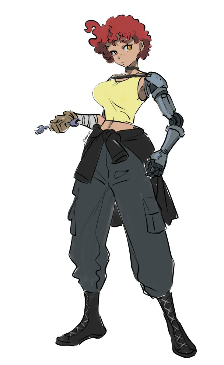 JeffTypisch's tweet photo. Meet Nora, a tough looking mechanic, with a contrasting soft personality.

While she is generally very critical of modern technology, she has recently been taking care of her robot Candy.

Art by the amazing Eudetenis:
https://t.co/2rnhtJJ2rk https://t.co/ejPszKj6Sb