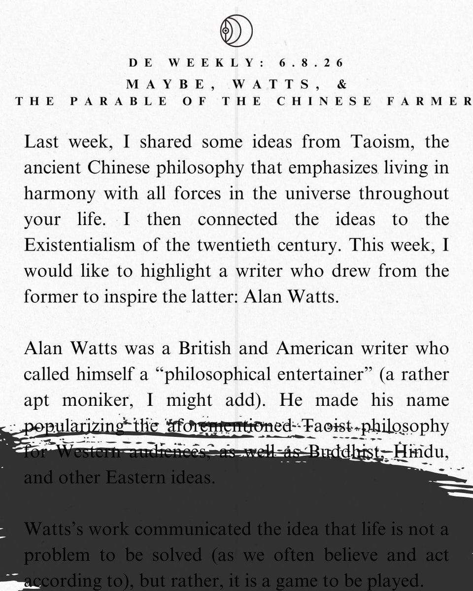 TheDailyExist's tweet photo. Catch up on last week’s DE Weekly newsletter, this one drawing on Alan Watts’s philosophical explanation of the Parable of the Chinese Farmer, and how existential thought analyzes the story. https://t.co/k6nWiq4GFc