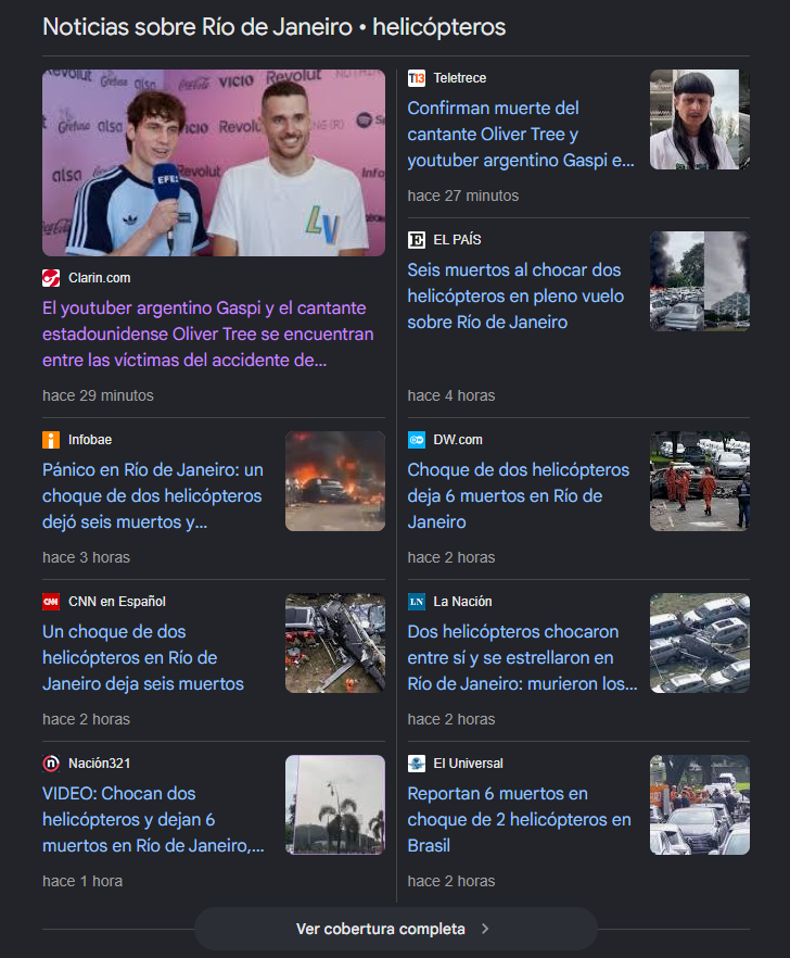 PEROMEXI's tweet photo. NO ES NINGÚNA BROMA.

Gaspi (Gaspar Prim Díaz), Oliver Tree, Lucas Vignale, Lucas Frota, Alexandre Souza (piloto) han fallecido en un accidente tras colisionar dos Helicópteros en Rio de Janeiro. 

5 fall3cidos iban en un helicóptero mientras que en el segundo sólo iba una persona, el piloto (Charles Marsillac).

RIP. 🙏