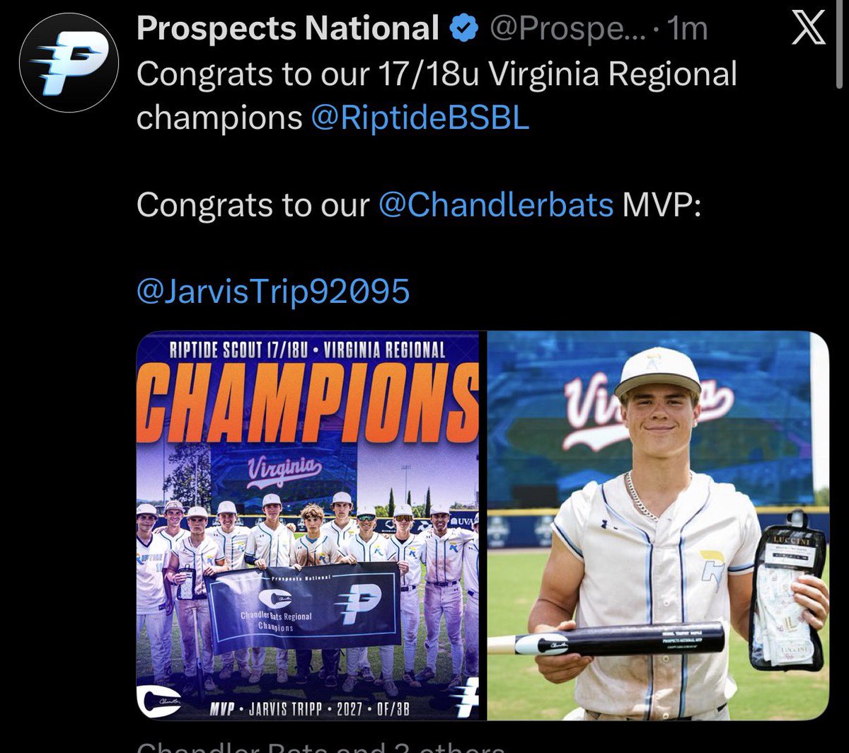 JarvisTrip92095's tweet photo. Won the chip at #UVA today, was awarded Tournament MVP and got some sweet free gear from @Chandlerbats ! Looking forward to upcoming @StateGamesNC 

Stats through 11 GP
.500 BA
.632 OBP
1 HR 
2 3B
2 2B 
11 SB
@Baseball_MHS 
@MBrookFootball 
@RiptideBSBL 
@M_Luszczynski
@PNScout https://t.co/GdqvtNrmp4