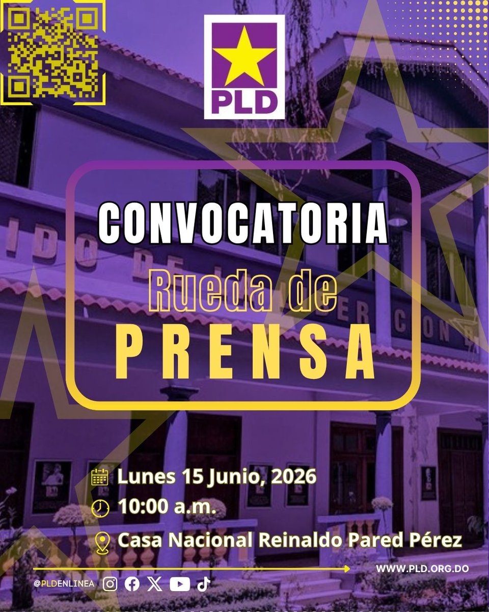 PLDenlinea's tweet photo. #ConvocatoriaPLD | Rueda de Prensa del Partido de la Liberación Dominicana (#PLD).
🗓️ Lunes 15 de Junio, 2026
🕓 10:00 a.m.
📍Casa Nacional Reinaldo Pared Pérez. https://t.co/zNn3pZRMKe