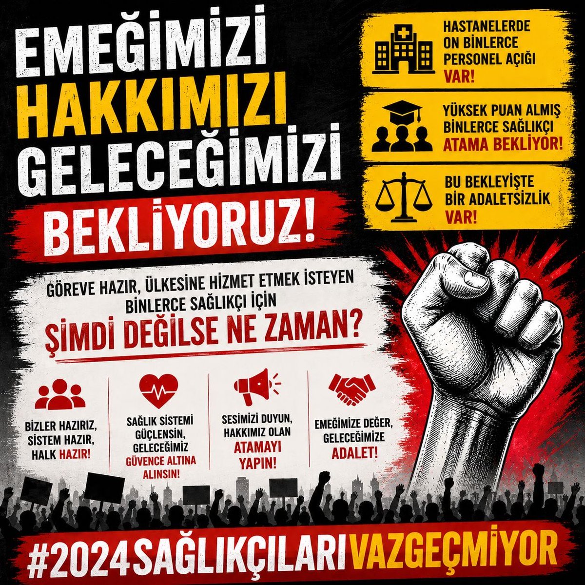 tifo_yt's tweet photo. Bir sınav, iki yıl bekleyiş.
İki yılın alımı, tek yıl kontenjanı.
Bu denklemin adı mağduriyettir.
Mağduriyetimizi giderin, sizden müjdeli bir alım bekliyoruz. 
@RTErdogan @dbdevletbahceli @tcbestepe @iletisim
@drmemisoglu @saglikbakanligi
#2024SağlıkçılarıVazgeçmiyor https://t.co/ncq7Y2zOQh