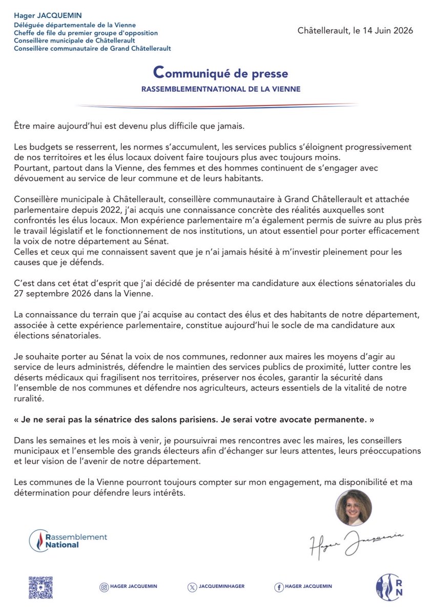 JacqueminHager's tweet photo. 🇫🇷 J’ai l’honneur d’avoir été choisie par le Rassemblement National pour être sa candidate aux élections sénatoriales du 27 septembre 2026 dans la Vienne.

Je porterai au Sénat la voix de nos communes, défendrai les maires, le maintien des services publics de proximité, la lutte contre les déserts médicaux, nos écoles, la sécurité de nos territoires et notre agriculture.

« Je ne serai pas la sénatrice des salons parisiens. 
Je serai votre avocate permanente. » 🤝

🖋️Retrouvez mon communiqué de presse :