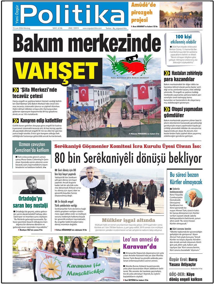 y_ozgurpolitika's tweet photo. 🔴MANŞET

📌Bakım merkezinde vahşet

◾️Özel Batman Şifa Bakım Merkezi’nde cinsel istismar, tecavüz, sistematik işkence, şüpheli ölüm
◾️Kangren edip katlettiler
◾️Hastaları zehirleyip para kazandılar
◾️Otopsi yapmadan gömdüler
◾️84 kişi gözaltına alındı, en az 16’sı tutuklandı https://t.co/QzOOGWi50o