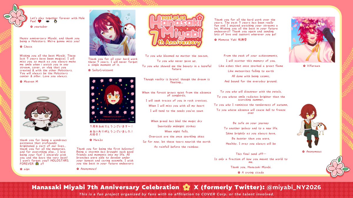 miyabi_NY2026's tweet photo. Here are the last batch of support messages we received for Miyabi's anniversary! Really sorry for the delay, but as expected, it's really difficult now that he's gone. But we hope you'll always remember the fun times with our precious blooming flower! 🌺 https://t.co/GRotz0CS47