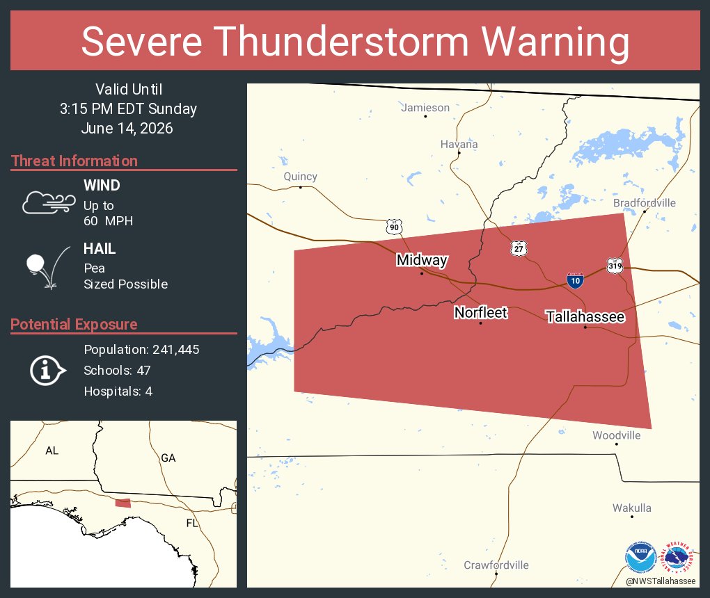 NWSTallahassee's tweet photo. Severe Thunderstorm Warning including Tallahassee FL, Midway FL and  Norfleet FL until 3:15 PM EDT https://t.co/VhNoFmgFfc