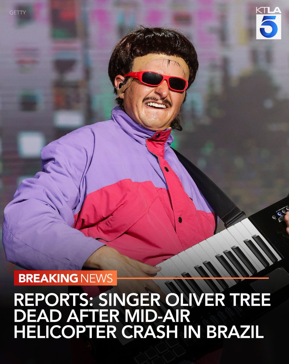 KTLA's tweet photo. #BREAKING: American singer and comedian Oliver Tree reportedly died in a mid-air helicopter crash in Brazil, multiple media outlets say. https://t.co/JF87tmp8Z8 https://t.co/TxgAoImZNS