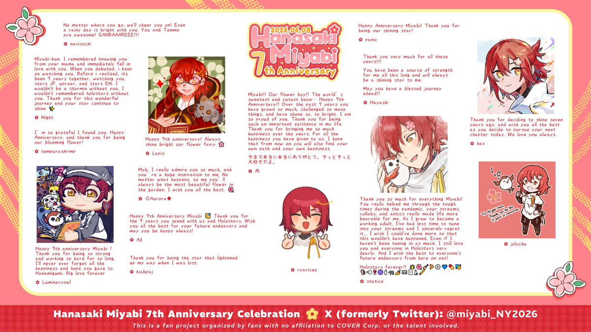 miyabi_NY2026's tweet photo. Here are the last batch of support messages we received for Miyabi's anniversary! Really sorry for the delay, but as expected, it's really difficult now that he's gone. But we hope you'll always remember the fun times with our precious blooming flower! 🌺 https://t.co/GRotz0CS47