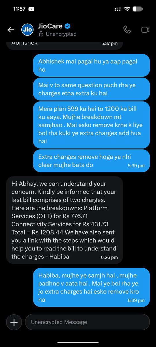 abhay2298's tweet photo. @JioCare I moved this to DM as requested, but the team is just pasting the same scripted billing breakdown instead of fixing the error. I don't need a lesson on how to read my bill; I need this unauthorized charge removed.  @JioCare @RelianceJio #JioAirFiber https://t.co/RJ7gq3KE7g