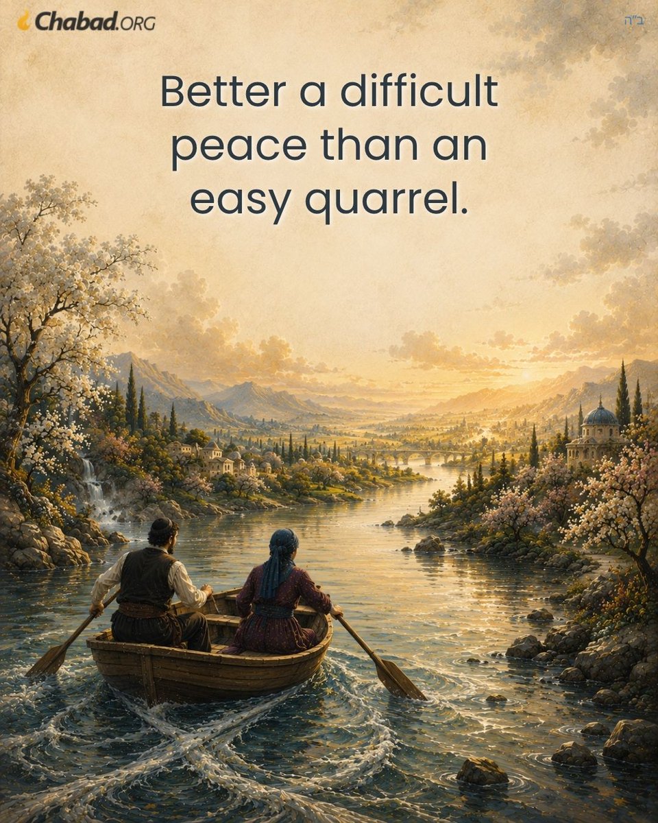 Chabad's tweet photo. Nothing is greater than peace. Even when you are 100% right, and you know your spouse is 100% wrong, you can still give in for the sake of peace.

Better a difficult peace than an easy quarrel. https://t.co/2r6yRQaaWl