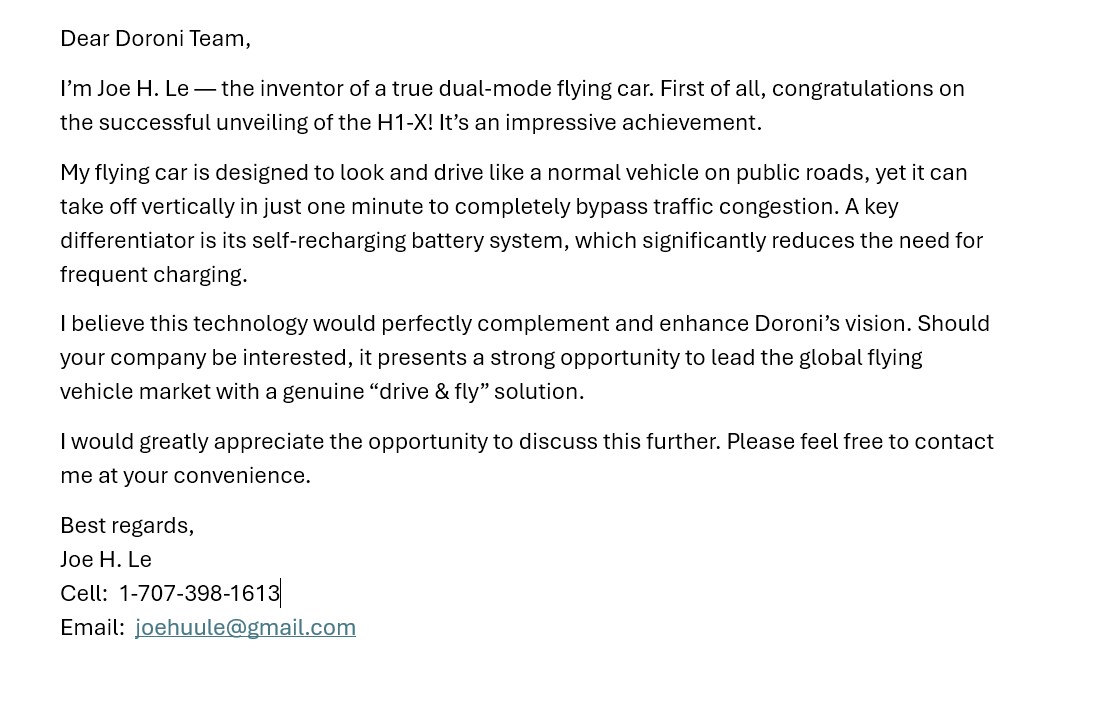JoeJoele93's tweet photo. @DoronMerdinger I believe this technology would perfectly complement and enhance Doroni’s vision. Should your company be interested, it presents a strong opportunity to lead the global flying vehicle market with a genuine “drive &amp; fly” solution.
* Please find more details below. https://t.co/GWDvONs6i8