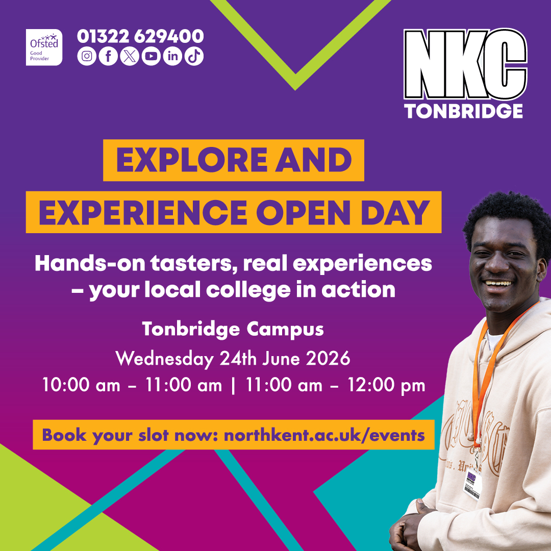 NKCGroup1's tweet photo. Join us on 24th June 2026 for our Explore &amp; Experience Open Day at our, designed for prospective students who want a chance to experience what college life is really like. 

📍Tonbridge Campus
🕑 10:00 am - 11:00 am or 11:00 am - 12:00 pm

Pre-Resgister - https://t.co/RSm2HcC65Q https://t.co/H1D1MtUhiK