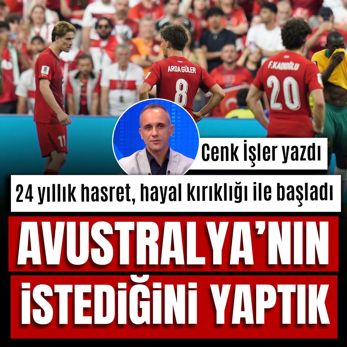 notbircomtr's tweet photo. 24 yıl sonra Dünya Kupası sahnesine dönen Türkiye, Avustralya karşısında hem skor hem oyun olarak sınıfta kaldı. Fizik üstünlüğüne karşı çözüm üretemeyen ay-yıldızlılar, yanlış tercihler ve etkisiz hücum organizasyonlarıyla turnuvaya kötü başlangıç yaptı. Cenk İşler yazdı...

https://t.co/EjuBdIJ9Xi