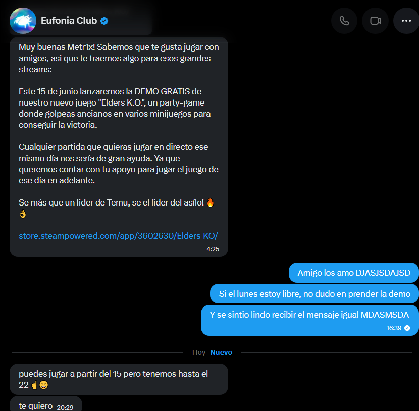 iMetr1x's tweet photo. Ando probando @EldersKO (beta) con los chicos de Temu. Genuinamente esta muy copado y se nota el laburo detras.
¿Mañana pinta stream de chill temprano mientras lo juego? MASDMDS
(Btw, muchas gracias @EufoniaClub por el mensajito el otro dia, me hizo mucha ilusion 😭) https://t.co/oSmaXmeF1k