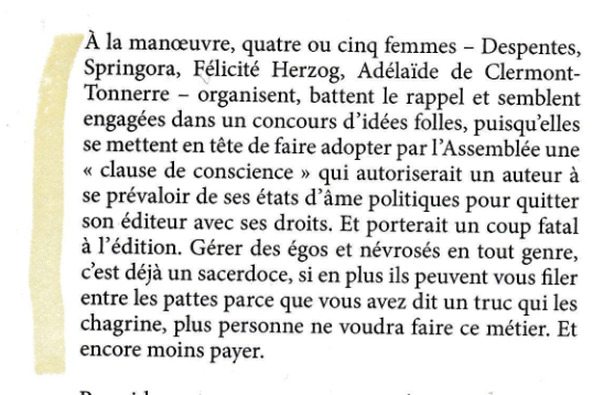 FrancescaRGee's tweet photo. Vanessa Springora : promotion canapé?
C'est bien ce qu'insinue Élisabeth Lévy en tête d'un article de Causeur consacré au limogeage d'Olivier Nora par Vincent Bolloré.
Pourquoi, parmi les dizaines d'écrivains annonçant qu'ils allaient quitter Grasset, à commencer par Bernard-Henri Lévy en personne, donne-t-elle la primauté à Springora?
Et pourquoi, si Springora n'est qu'une parmi cent autres, l'évoquer sur un ton "vachard, rigolard et prudemment anonyme"?
Plus loin dans son article, Lévy revient sur l'implication de Springora au premier rang de cette affaire de limogeage, juste avant Félicité Herzog qui, on oublie souvent de le dire, est une très proche parente de Nora.
Il faut bien remarquer que Springora a droit à des efforts de promotion tout à fait exceptionnels de la part de son éditeur Nora, sans que la qualité de sa production le justifie vraiment.
Il est vrai que son second ouvrage paru l'année dernière, fait preuve d'un shoahtisme effréné. Parlant de personnes ayant subi plus de 40 ans de tyrannie soviétique, elle s'étonne qu'elles ne mettent pas au premier plan de leurs préoccupations ... la shoah!
Décidément, les arrières-cuisines de l'affaire Matzneff se révèlent de moins en moins ragoûtantes.