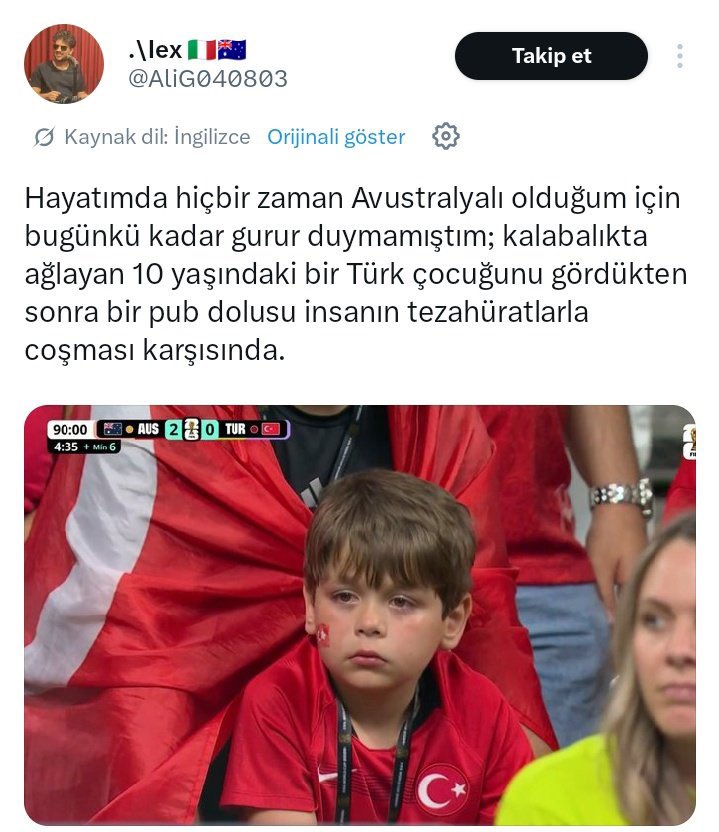 Statikoo's tweet photo. Çanakkale ye işgalci olarak geldiniz  8700 insanınız  savaşta öldü 19000 yaralı ki bunun 6500 ü ağır yaralı ve hasta zayiyatınız var.. siz o zaman ingiliz uşağıydınız ki  hala daha öylesiniz 
Biz varlıktada yokluktada emperyalizme karşıyız, bir maç için Türk evladı bir çocuk  üzerinden şu şekilde paylaşım yapmış olman bile karakterinin ne kadar düşük olduğunu gösterir..  Turnuva daha  yeni başladı, utanç içinde kalıp geri adım atana kadar sendeyiz bekle.. 

Mustafa Kemal Atatürk’ün ANZAC askerlerinin annelerine hitaben söylediği şu sözler, Avustralya ve Yeni Zelanda’da çok saygıyla anılır:

“Bu memleketin toprakları üzerinde kanlarını döken kahramanlar! Burada dost bir vatanın toprağındasınız…”  sen hariç  DALYARAK 

   @AliG040803