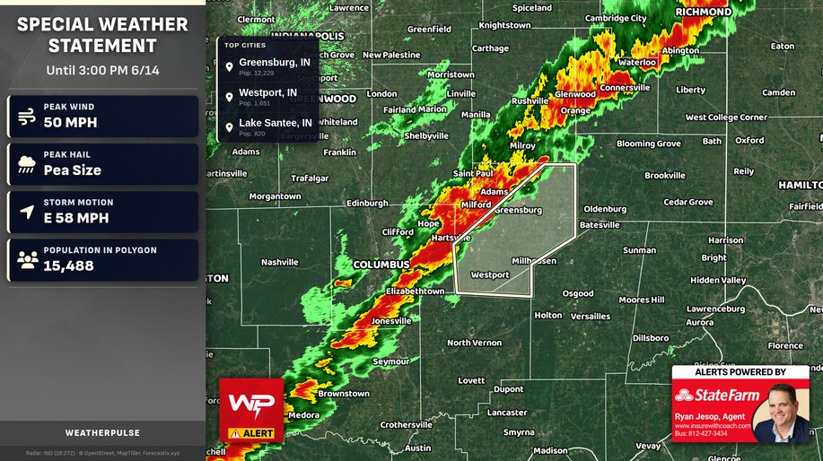 Chrisweather's tweet photo. Special Weather Statement for Decatur &amp; Jennings until 3:00 PM 6/14. Strong storms may bring wind gusts up to 50 mph. Gusts could knock down tree limbs and blow unsecured objects. If outdoors, seek shelter inside a building. https://t.co/b7qucM0ZZp