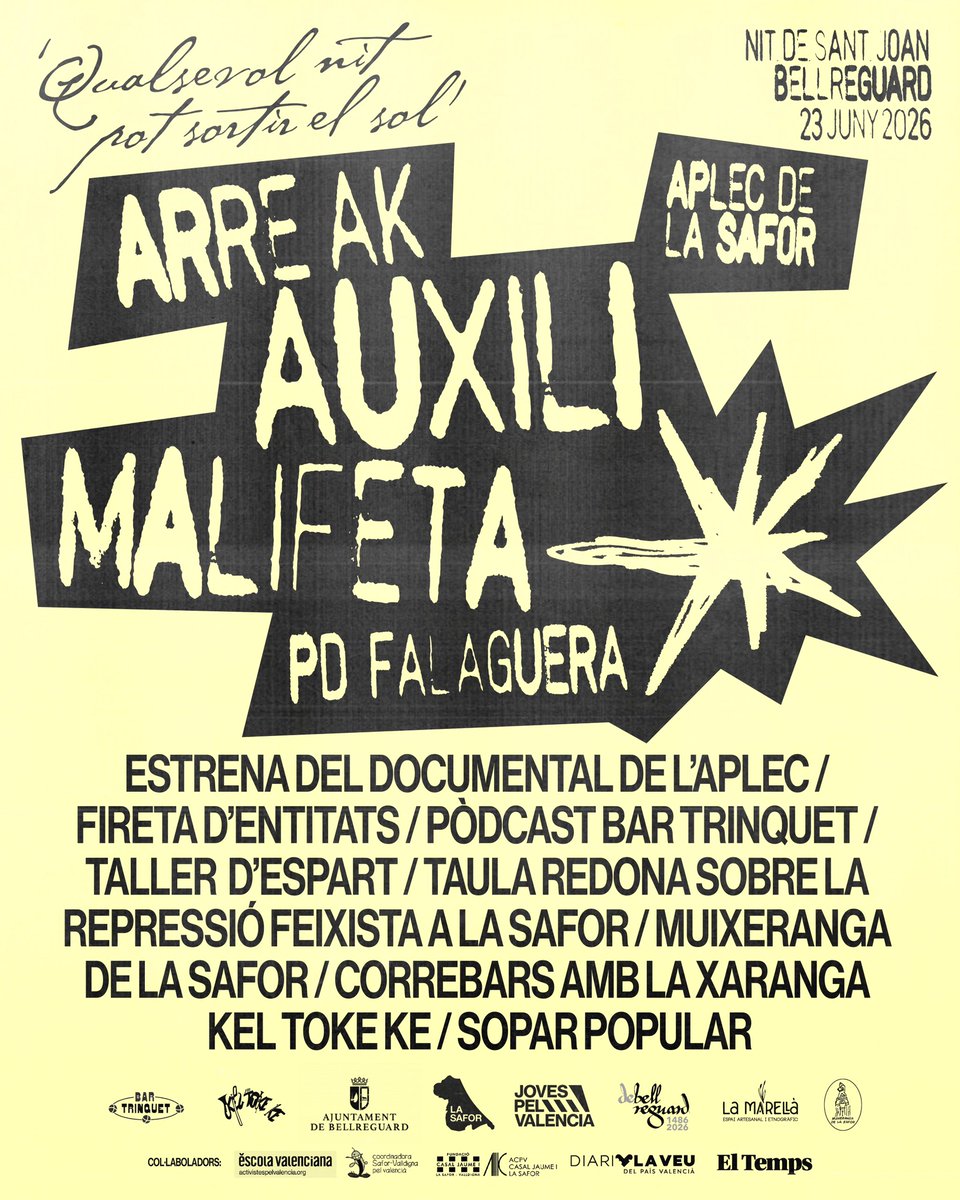 JovesXValencia's tweet photo. QUALSEVOL NIT POT SORTIR EL SOL🌛

La Nit de Sant Joan, Bellreguard torna a ser el punt de trobada de tota la comarca

🎟️ Entrada gratuïta

Vine a fer comarca. Vine a fer país. Vine a l’Aplec de la Safor.

Bellreguard • 23 de juny de 2026

Disseny: @enriquepascualtomas https://t.co/a6Nkqpc8Qm