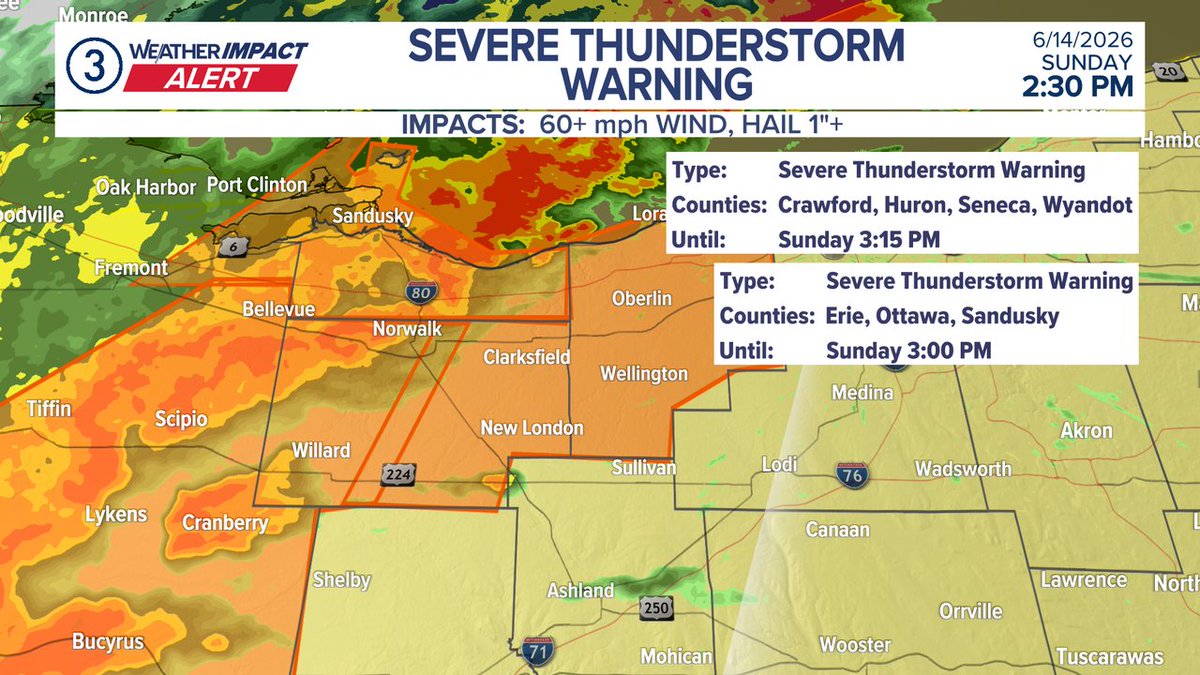 MarkJWeather's tweet photo. SEVERE STORM WARNING! A Severe Thunderstorm Warning for Lorain, Huron has been issued until Jun 14, 2026 3:45PM 
Share this post to ALERT friends and family NOW! Keep an eye on the radar with the @wkyc app! Stay connected with me. #3weather #wx #OHwx https://t.co/NAfaopwS1s