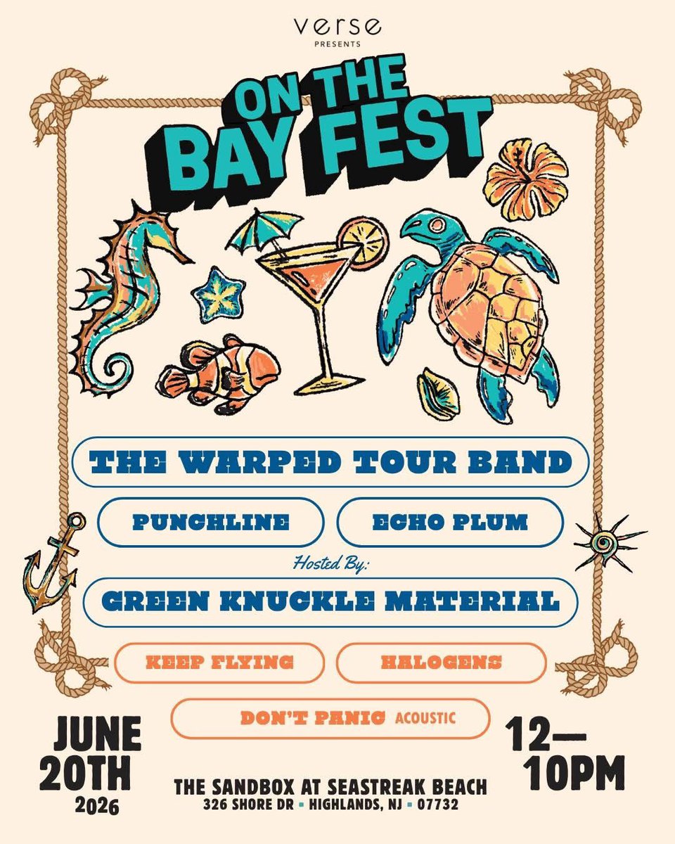 DontpanicPA's tweet photo. NEW JERSEY! We will see you guys next weekend for a special acoustic performance from Ted &amp; AJ at On the Bay Fest w/ @punchlion, @keepflyingband &amp; more. We kick the show off at noon. Beach, food, and all that jazz at The Sandbox in Highlands, NJ. See you Saturday! https://t.co/1t567nX7oQ