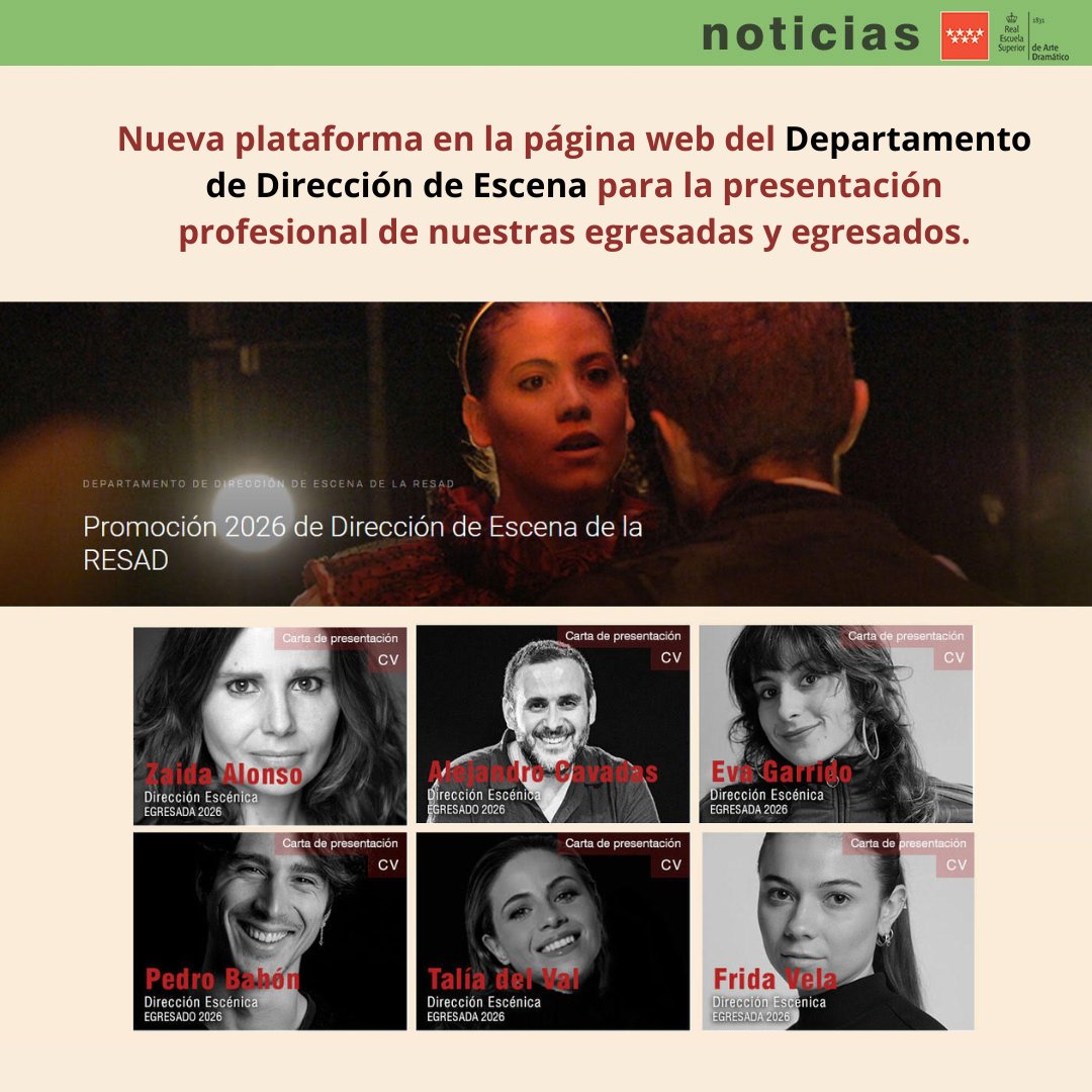 ResadMadrid's tweet photo. 📣 #NOTICIASResad 🌍 Presentamos una nueva plataforma diseñada para facilitar la presentación profesional de egresadas y egresados de Dirección de Escena🍀 #RESAD #FuturoRESAD
#Escenificación #DirecciónDeEscena
#EnseñanzasArtísticasSuperiores https://t.co/poPcuQ0mRA