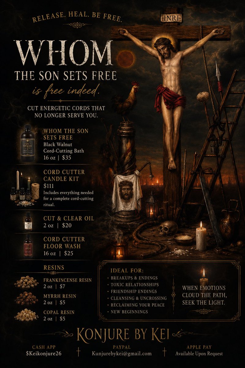 KeiDopeAF's tweet photo. 🖤 Time to release what no longer serves you.

Whom The Son Sets Free Bath (16 oz) $35

🕯️ Cord Cutter Kit $111
🌿 Cut & Clear Oil $20
🧹 Cord Cutter Floor Wash $25
🔥 Frankincense $7
🔥 Myrrh $5
🔥 Copal $5

For breakups, endings, toxic cycles, and reclaiming your peace.

Cash App: $Keikonjure26
PayPal: Kunjurebykei@gmail.com

#KonjureByKei #CordCutting #Healing #SpiritualBaths